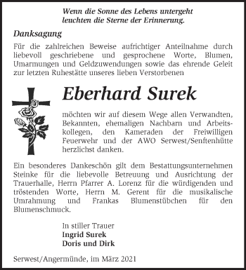 Traueranzeige von Eberhard Surek von Märkische Oderzeitung