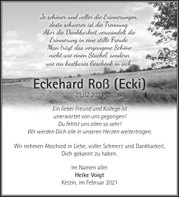 Traueranzeige von Eckehard Roß von Märkische Oderzeitung