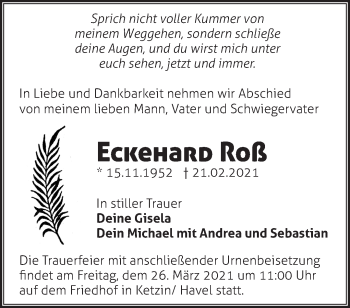 Traueranzeige von Eckehard Roß von Märkische Oderzeitung