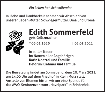 Traueranzeige von Edith Sommerfeld von Märkische Oderzeitung