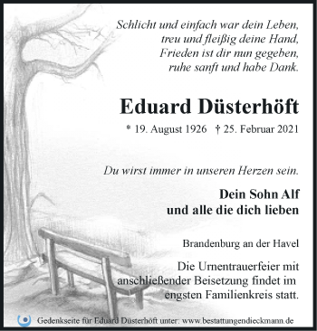 Traueranzeige von Eduard Düsterhöft von Märkische Oderzeitung