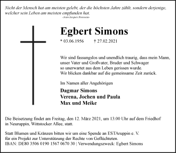 Traueranzeige von Egbert Simons von Märkische Oderzeitung
