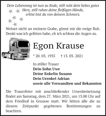 Traueranzeige von Egon Krause von Märkische Oderzeitung