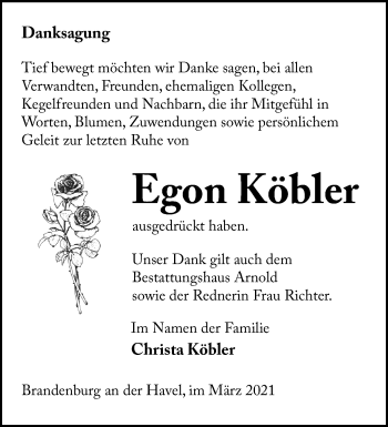 Traueranzeige von Egon Köbler von Märkische Oderzeitung