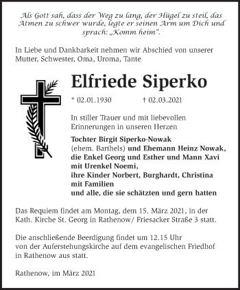 Traueranzeige von Elfriede Siperko von Märkische Oderzeitung