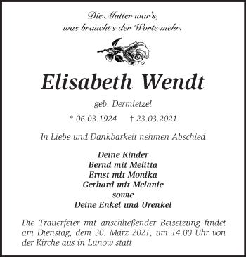 Traueranzeige von Elisabeth Wendt von Märkische Oderzeitung