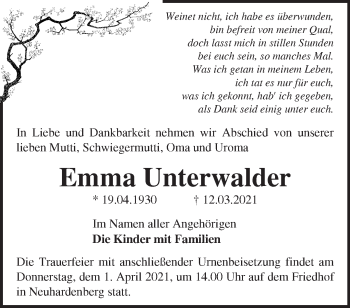 Traueranzeige von Emma Unterwalder von Märkische Oderzeitung