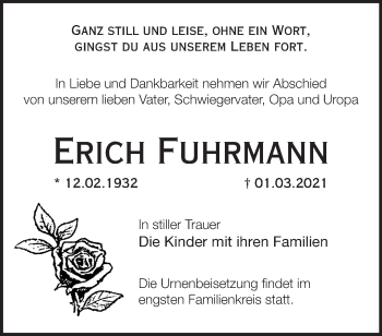 Traueranzeige von Erich Fuhrmann von Märkische Oderzeitung