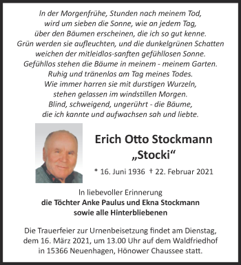 Traueranzeige von Erich Otto Stockmann von Märkische Oderzeitung