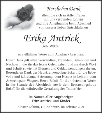 Traueranzeige von Erika Antrick von Märkische Oderzeitung