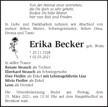 Traueranzeige von Erika Becker von Märkische Oderzeitung