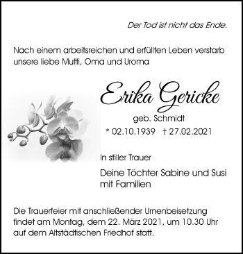 Traueranzeige von Erika Gericke von Märkische Oderzeitung