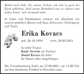 Traueranzeige von Erika Kovacs von Märkische Oderzeitung