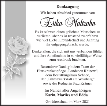 Traueranzeige von Erika Maltzahn von Märkische Oderzeitung