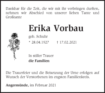 Traueranzeige von Erika Vorbau von Märkische Oderzeitung