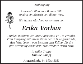 Traueranzeige von Erika Vorbau von Märkische Oderzeitung