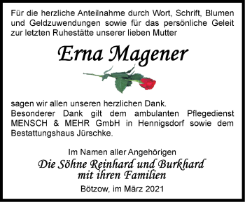 Traueranzeige von Erna Magener von Märkische Oderzeitung