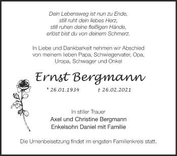 Traueranzeige von Ernst Bergmann von Märkische Oderzeitung