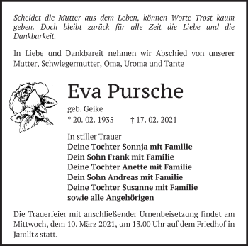 Traueranzeige von Eva Pursche von Märkische Oderzeitung