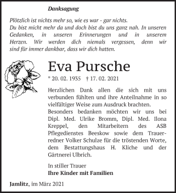 Traueranzeige von Eva Pursche von Märkische Oderzeitung