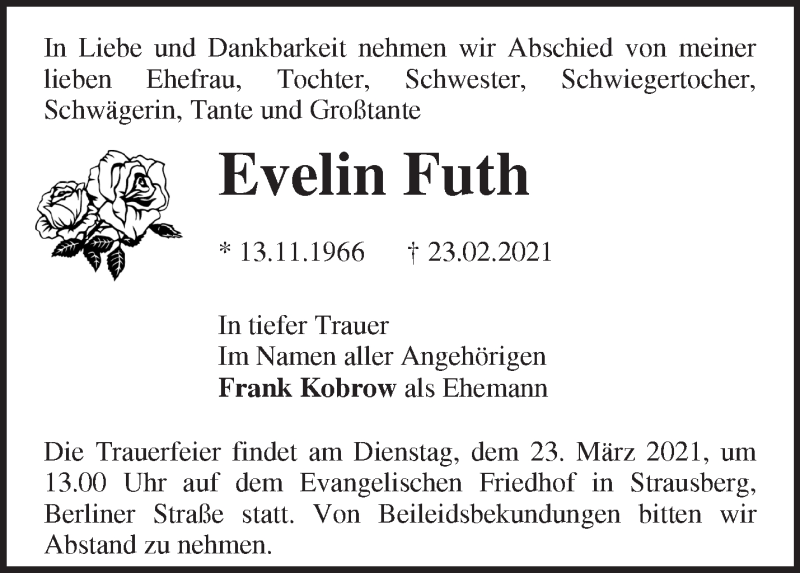  Traueranzeige für Evelin Futh vom 06.03.2021 aus Märkische Oderzeitung