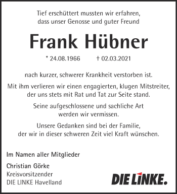 Traueranzeige von Frank Hübner von Märkische Oderzeitung