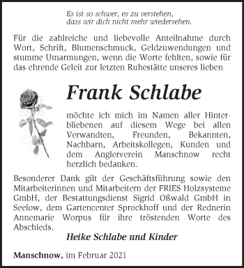 Traueranzeige von Frank Schlabe von Märkische Oderzeitung