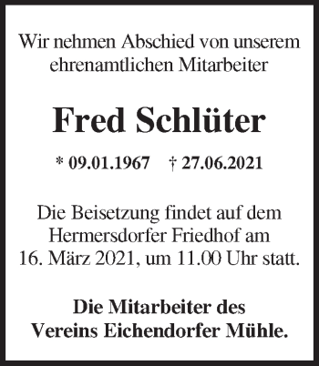 Traueranzeige von Fred Schlüter von Märkische Oderzeitung