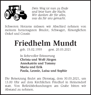 Traueranzeige von Friedhelm Mundt von Märkische Oderzeitung