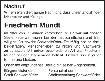 Traueranzeige von Friedhelm Mundt von Märkische Oderzeitung