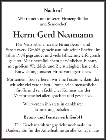 Traueranzeige von Gerd Neumann von Märkische Oderzeitung