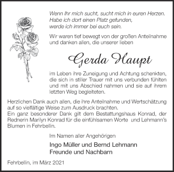 Traueranzeige von Gerda Haupt von Märkische Oderzeitung