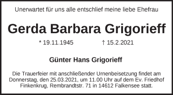 Traueranzeige von Gerda Barbara Grigorieff von Märkische Oderzeitung