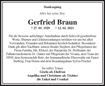 Traueranzeige von Gerfried Braun von Märkische Oderzeitung