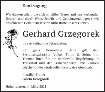 Traueranzeige von Gerhard Grzegorek von Märkische Oderzeitung