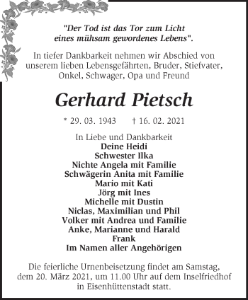 Traueranzeige von Gerhard Pietsch von Märkische Oderzeitung