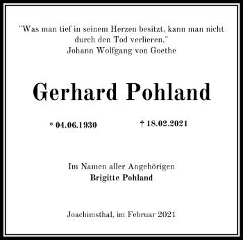 Traueranzeige von Gerhard Pohland von Märkische Oderzeitung