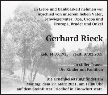 Traueranzeige von Gerhard Rieck von Märkische Oderzeitung