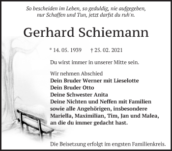 Traueranzeige von Gerhard Schiemann von Märkische Oderzeitung