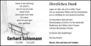 Traueranzeige von Gerhard Schiemann von Märkische Oderzeitung
