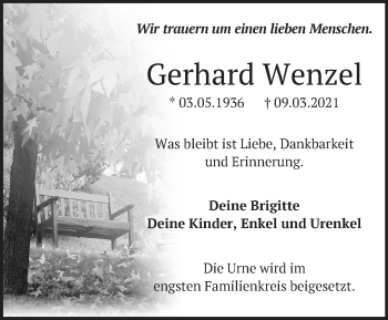 Traueranzeige von Gerhard Wenzel von Märkische Oderzeitung