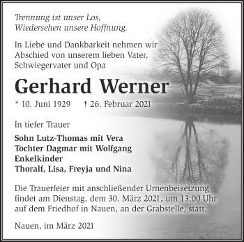 Traueranzeige von Gerhard Werner von Märkische Oderzeitung