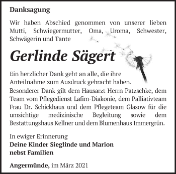 Traueranzeige von Gerlinde Sägert von Märkische Oderzeitung