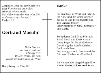 Traueranzeige von Gertraud Masuhr von Märkische Oderzeitung