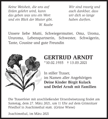 Traueranzeige von Gertrud Arndt von Märkische Oderzeitung