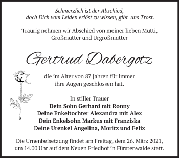 Traueranzeige von Gertrud Dabergotz von Märkische Oderzeitung