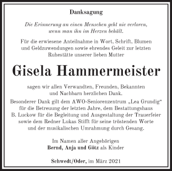 Traueranzeige von Gisela Hammermeister von Märkische Oderzeitung