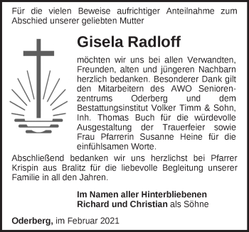 Traueranzeige von Gisela Radloff von Märkische Oderzeitung