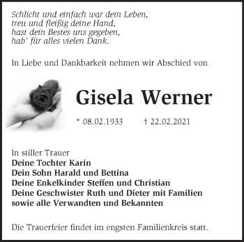 Traueranzeige von Gisela Werner von Märkische Oderzeitung