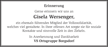 Traueranzeige von Gisela Wersenger von Märkische Oderzeitung